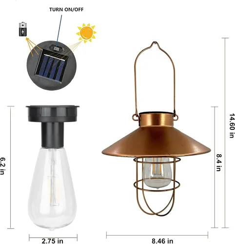 Miniatura 4 de Farol solar colgante para exteriores, faroles vintage de metal cobre, luces colgantes solares blancas cálidas, diseño de bombilla Edison impermeable