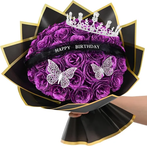 Miniatura 14 de Waipfaru Ramo de rosas con purpurina, regalos de cumpleaños para mujeres y madres, ramo de flores falsas con letreros de cumpleaños, 36 rosas negras