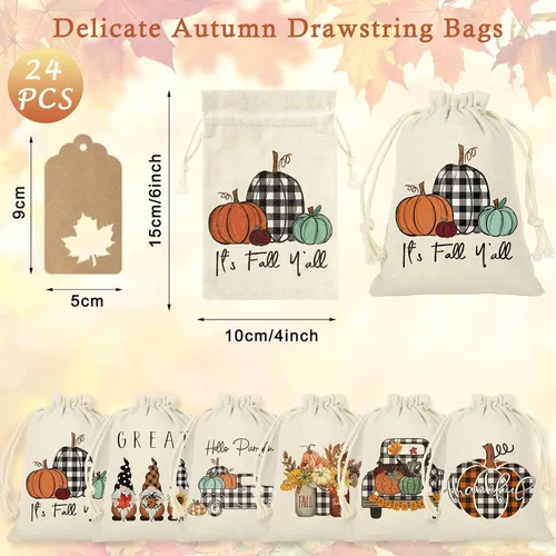 Miniatura 2 de Whaline 24 bolsas de arpillera de otoño de 4 x 6 pulgadas, gnomos a cuadros de búfalo, bolsas de calabaza con etiqueta de papel kraft de hoja