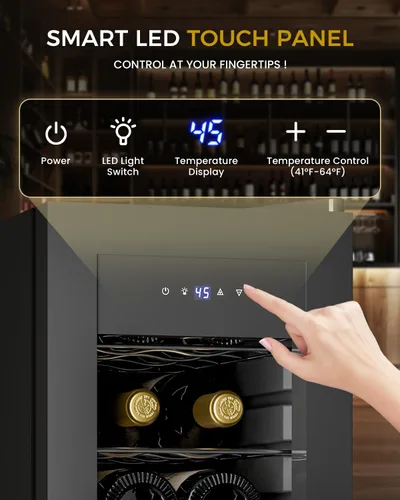 Miniatura 4 de Feelfunn Refrigerador de vino de 12 botellas – Pequeño refrigerador de vino para tinto, blanco, champán, bodega independiente con puerta de vidrio
