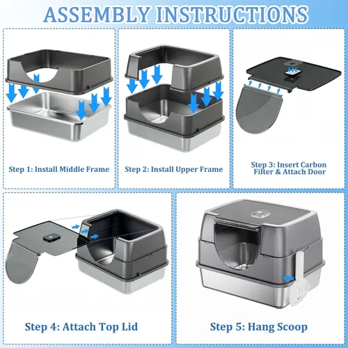 Miniatura 6 de Caja de arena cerrada para gatos con tapa abatible, caja de arena grande cubierta de acero inoxidable, bandeja de arena de metal de alta cara