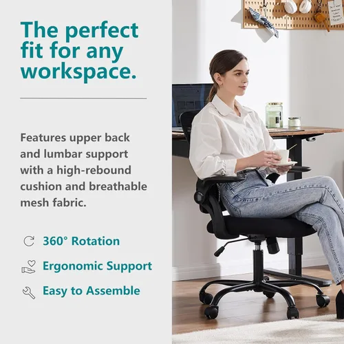 Miniatura 6 de Silla ejecutiva Sweetcrispy para oficina y hogar, ergonómica de malla con respaldo medio ajustable, giratoria con soporte lumbar cómodo, brazos Negro