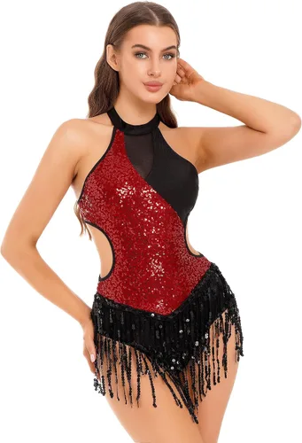 Miniatura 4 de Xnihocha Body de lentejuelas brillantes con flecos, leotardo sexy con borlas, traje de baile de jazz, vestido de una pieza para actuación en escen
