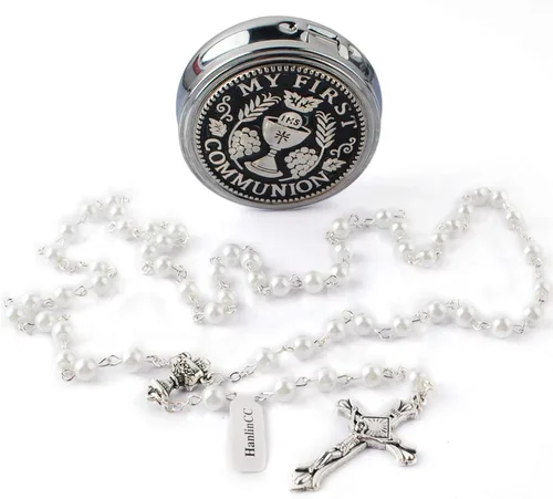 Miniatura 13 de HanlinCC - Rosario para primera comunión de 6 mm con centro de cáliz, perlas de cristal y crucifijo chapado en plata para niña, en caja de regalo