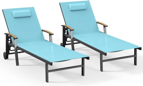 Miniatura 30 de Ciokea Sillón para exteriores con almohada, tumbona de aluminio de 5 posiciones con ruedas y reposabrazos, silla de piscina resistente de 400 libras