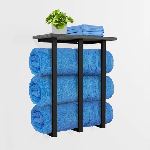 Miniatura 7 de Toallero montado en la pared con estante, hermoso almacenamiento para baño pequeño, organizador ordenado para toallas enrolladas, 3 barras de hierro