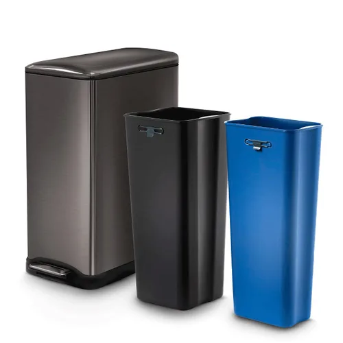 Home Zone Living - Cubo de basura delgado para cocina de 13 galones con dos compartimentos para reciclaje, de acero inoxidable, color negro, 50