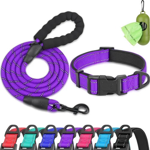 Miniatura 7 de Dynmeow Juego de collar y correa reflectante para perro, correa de cuerda de escalada fuerte de 6 pies con mango acolchado, collar ajustable