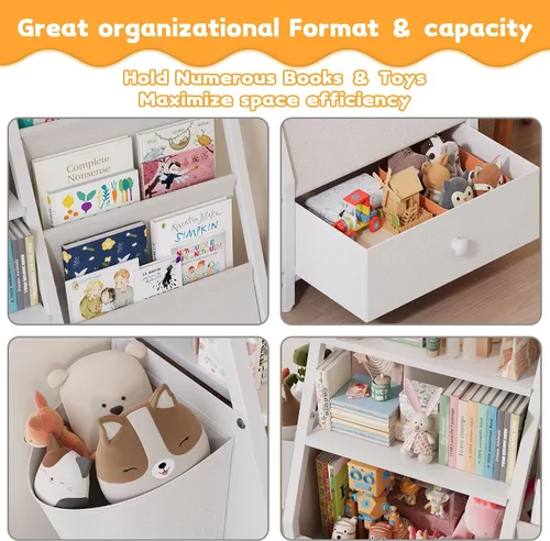 Miniatura 5 de Estantería infantil y organizador de almacenamiento de juguetes, estantería Montessori de 3 niveles para bebés y niños pequeños con bolsillos