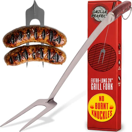 Tenedor de parrilla de 24 pulgadas súper largo para asar a la parrilla y hoguera, cuello curvado extra fuerte, mango de madera dura de alta calidad,