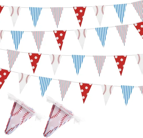 VitalCozy 4 banderines de béisbol de 131 pies, decoraciones de fiesta, banderas triangulares de béisbol, banderines para pelota estadounidense,