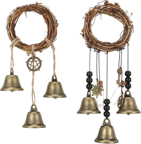 Miniatura 10 de Jetec 2 piezas de campanas de bruja para proteger las puertas, campanas de viento de bruja, corona hecha a mano para decoración de puerta del hogar