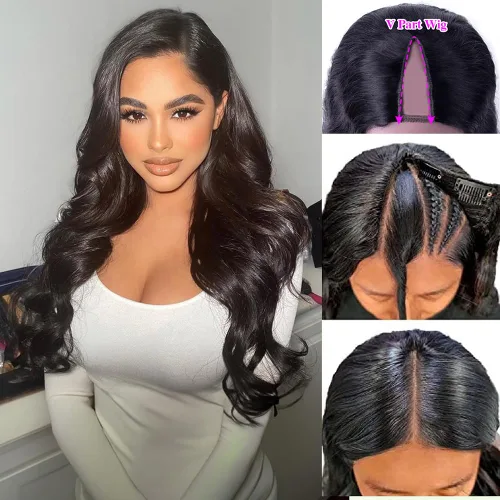 Miniatura 3 de Pelucas con camino en V ondulada de cabello humano virgen brasileño para mujeres negras; mejora de pelucas con camino en U, sin pegamento, con clip