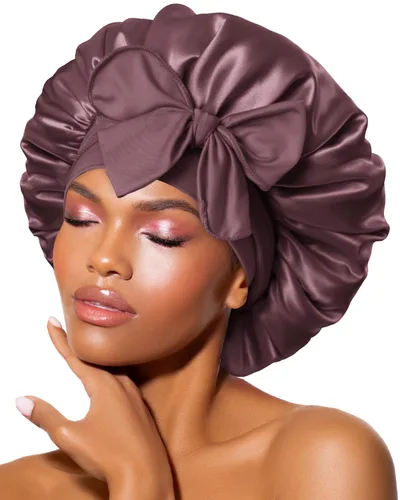 Miniatura 38 de Gorro de satén de seda para dormir con banda ancha para cabello rizado, color rosado oro rosa claro