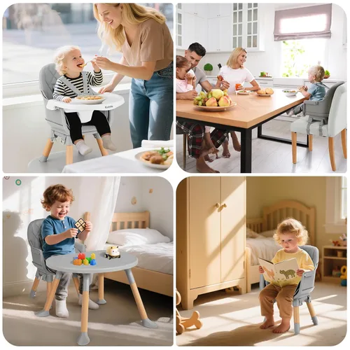 Miniatura 7 de Ezebaby Silla Alta para Bebé, Silla Alta Convertible 8 en 1 a Asiento Elevador/Silla para Niño/Juego de Silla y Mesa, Silla Alta de Madera con Gris