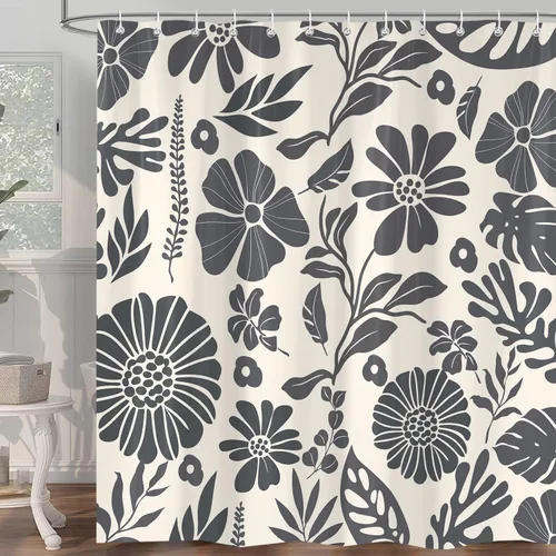 iTapnoom Cortina de ducha floral negra, estilo vintage Cottagecore, bohemio, lindo juego de cortinas de baño de hojas de flores abstractas de