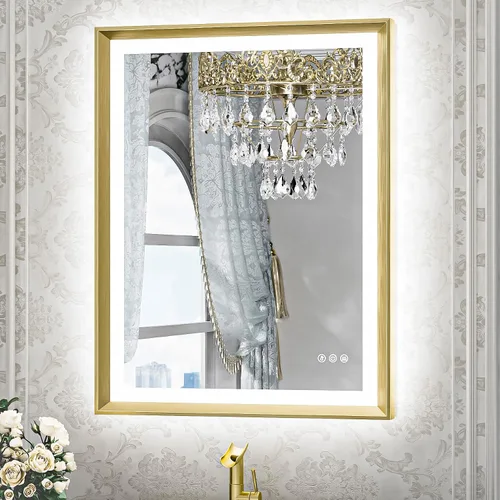 Miniatura 16 de TETOTE Espejo LED dorado para baño, marco de metal de 20 x 28 pulgadas, espejo de tocador iluminado frontal y retroiluminado, barroco, antiniebla