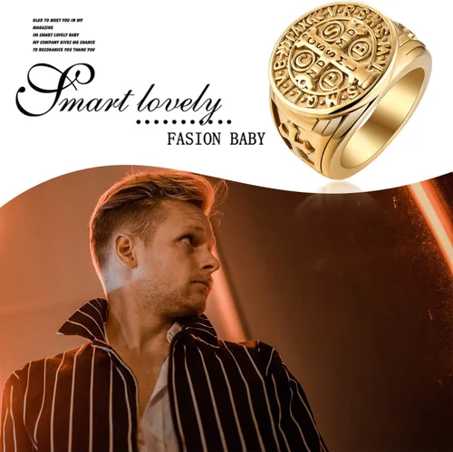 Miniatura 2 de Anillo de exorcismo de San Benito para hombre, acero inoxidable, cruz católica, oro y cazador de fantasmas, talla 8-13, con caja de regalo