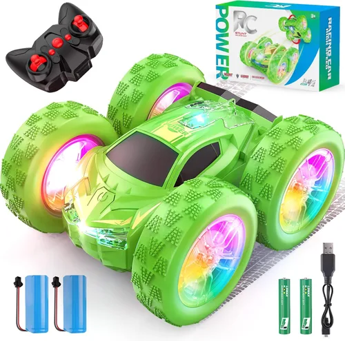 Miniatura 10 de Auto de control remoto para niños, autos de acrobacias RC para niños de 4 a 7 años con luces LED y doble cara para regalo de cumpleaños de Pascua