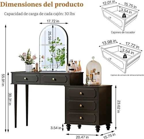 Miniatura 5 de Ieejdn Negro, Escritorio de tocador con espejo y luces, Tocador de maquillaje con toma de corriente y gabinete ajustable, Mesa de maquillaje moderna