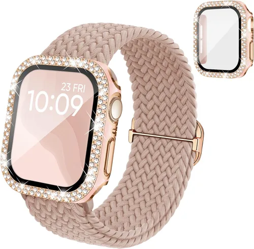 Miniatura 11 de Correa trenzada elástica compatible para bandas de Apple Watch para mujeres y estuche de 40 mm, 41 mm, 42 mm, 44 mm, 45 mm, 46 mm, protector