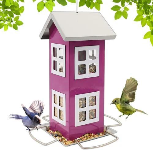Miniatura 8 de Goodeco Comedero de metal para pájaros para decoración de jardín, comederos para colgar al aire libre, diseño de casa de campo, a prueba de Púrpura
