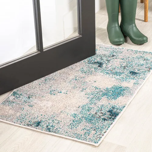 JONATHAN Y - Alfombra moderna abstracta vintage color crema/azul para interior, 2x3, estilo POP contemporáneo, transicional, fácil de limpiar para