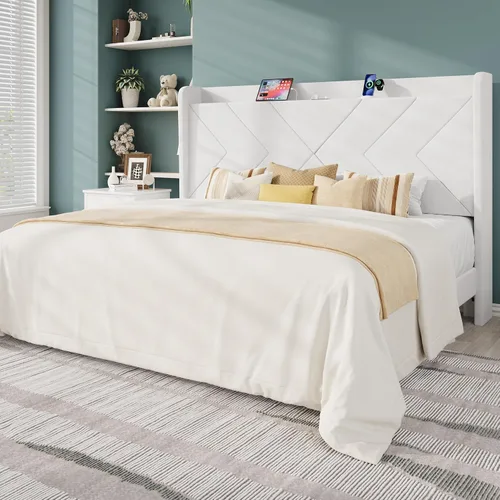 Miniatura 13 de Allewie Base de cama de plataforma de tamaño matrimonial con estación de carga y estante de almacenamiento, cabecera tapizada de terciopelo con Negro