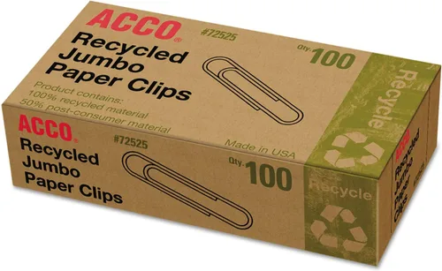 ACCO Clips de papel reciclados, acabado liso, tamaño jumbo, 100 por caja, 10 cajas por paquete (72525)