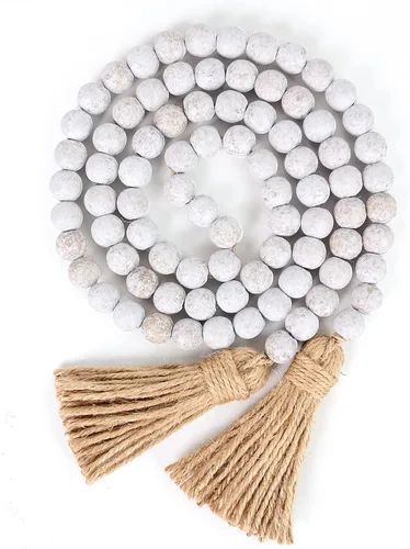 Miniatura 10 de Guirnalda de cuentas de madera de 58 pulgadas con borlas, decoración rústica de granja, decoración de oración bohemia para colgar en la pared (gris)