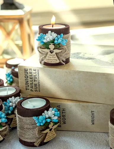 Miniatura 5 de Ju's Favors Juego de 10 portavelas de madera para recuerdos de bautismo para invitados, recuerdos de fiesta de baby shower (marrón oscuro - azul)