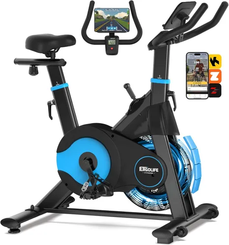 ERGOLIFE Air - Bicicleta estática de resistencia magnética con ventilador exclusivo, aplicación App, 8 resistencias para ciclismo en interiores con
