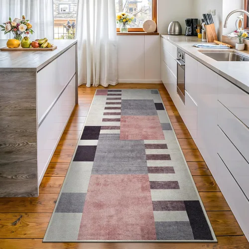 Bloom Rugs Alfombra de pasillo lavable antideslizante de 12 pies – Beige/rosa moderno geométrico para entrada, pasillo, baño y cocina, tamaño