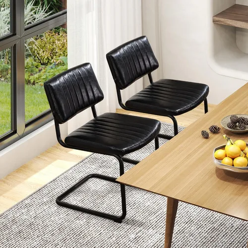 Juego de 2 sillas de comedor voladizas, sillas de comedor modernas de mediados de siglo con patas de metal negro, sillas de cocina tapizadas de