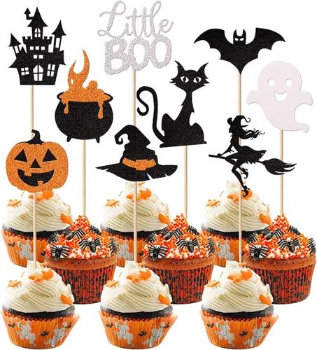 Rsstarxi Paquete de 36 adornos para cupcakes de Halloween, murciélagos con purpurina, palitos de calabaza y calabazas, sombrero de bruja,