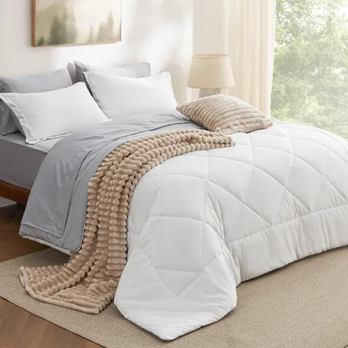 Miniatura 7 de Bedsure Juego de ropa de cama con edredón tamaño King - Juego de 7 piezas reversible blanco y gris, juego de cama King para todas las estaciones, 15