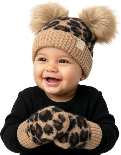Miniatura 26 de Funky Junque Conjunto de gorro y mitones con doble pompón de pelo sintético para bebé – Gorro de invierno para recién nacidos de 0–9 meses