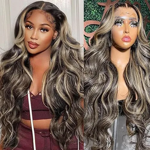 Lemoda FB/27 Balayage - Pelucas de cabello humano con encaje frontal de 13 x 6 pulgadas, color degradado, ondulado, HD, transparente, encaje