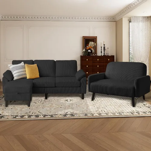 Miniatura 8 de Juego de sofá seccional de corduroy con otomano de almacenamiento y sofá cama, sofá en forma de L de 3 plazas con otomano de almacenamiento oculto
