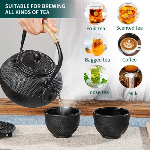 Miniatura 5 de Sungmor Tazas de Té de Hierro Fundido Negras, Juego de 4 y 5 oz - Tazas de Té Japonesas con Interior Esmaltado, Juego de Té Tradicional Gongfu