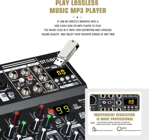 Miniatura 5 de Mezclador de audio profesional de metal de 6 canales con BT, interfaz de audio, consola de mezcla de tablero de sonido, efecto de reverberación DSP