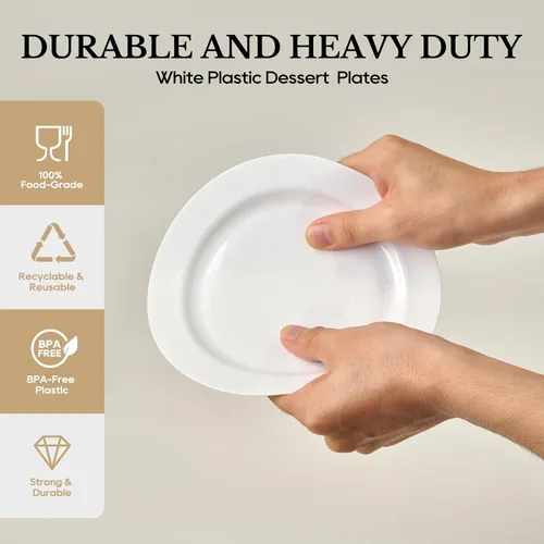 Miniatura 3 de FOCUSLINE 100 platos blancos de plástico desechables para postre de 7 pulgadas, platos de plástico resistentes desechables para bodas, fiestas