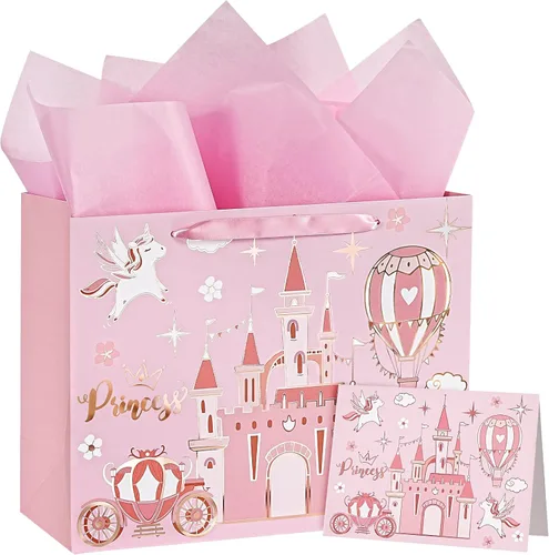 Miniatura 11 de WRAPAHOLIC Bolsa de regalo de cumpleaños grande de 13 pulgadas con tarjeta y papel de seda, adorable unicornio con lámina plateada holográfica