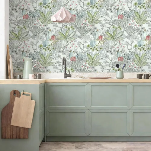 Miniatura 7 de Wudnaye Papel tapiz bohemio para despegar y pegar, papel tapiz Catus de 17.7 x 118.1 pulgadas, papel tapiz floral vintage para despegar y pegar