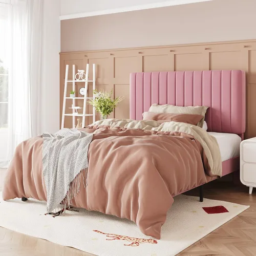 Miniatura 27 de Allewie - Base de cama tamaño King con cabecera acolchada tapizada en terciopelo y diseño acanalado vertical ajustable; plataforma de cama con base
