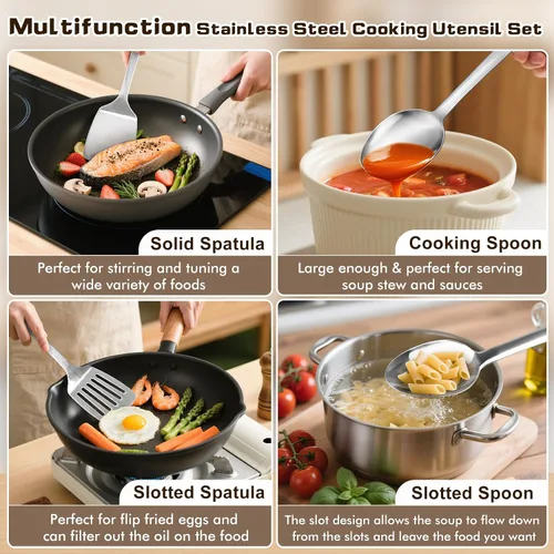 Miniatura 2 de Juego de 4 utensilios de cocina de acero inoxidable, herramientas de cocina de metal resistentes al calor, incluye espátula Wok sólida y ranurada