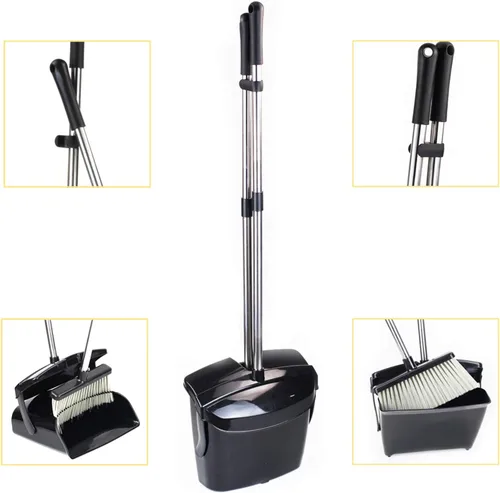Miniatura 3 de Juego de escoba y recogedor de mango largo comercial y escoba de vestíbulo con agarre vertical para el hogar, cocina, oficina, vestíbulo y piso