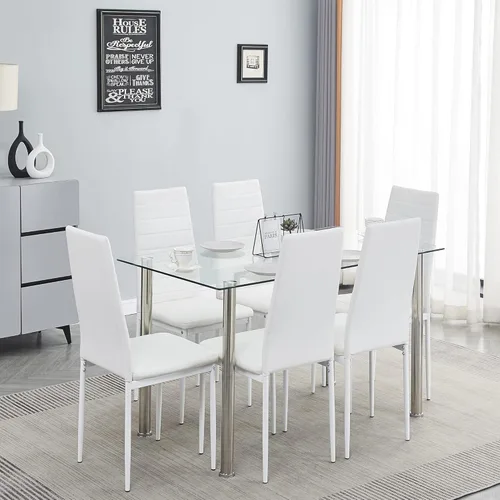 Miniatura 12 de Juego de mesa y silla de comedor de 7 piezas, juego de mesa de comedor para 6 mesas de cocina con 6 sillas, mesa rectangular de vidrio con 6 sillas