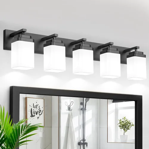 Miniatura 11 de Lámparas de baño de oro cepillado, 4 luces de baño sobre el espejo, diseño cuadrado y placa trasera grande rectangular, accesorios de iluminación