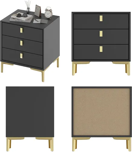 Miniatura 4 de Homsee Mesita de noche de 3 cajones, moderna mesita de noche con almacenamiento, mesa auxiliar versátil con patas de metal para dormitorio, sala